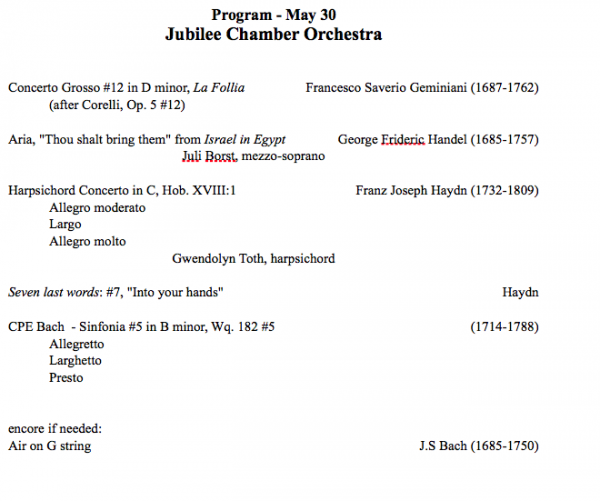Jubilee Chamber Orchestra concert program for May 30